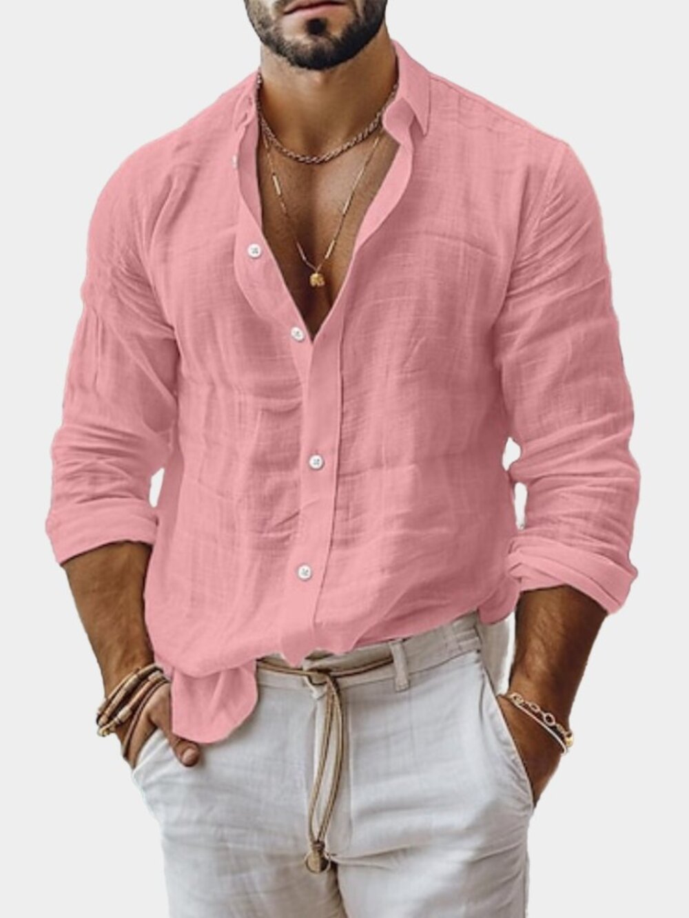 Men's Casual Button Down Cotton & Linen Shirt